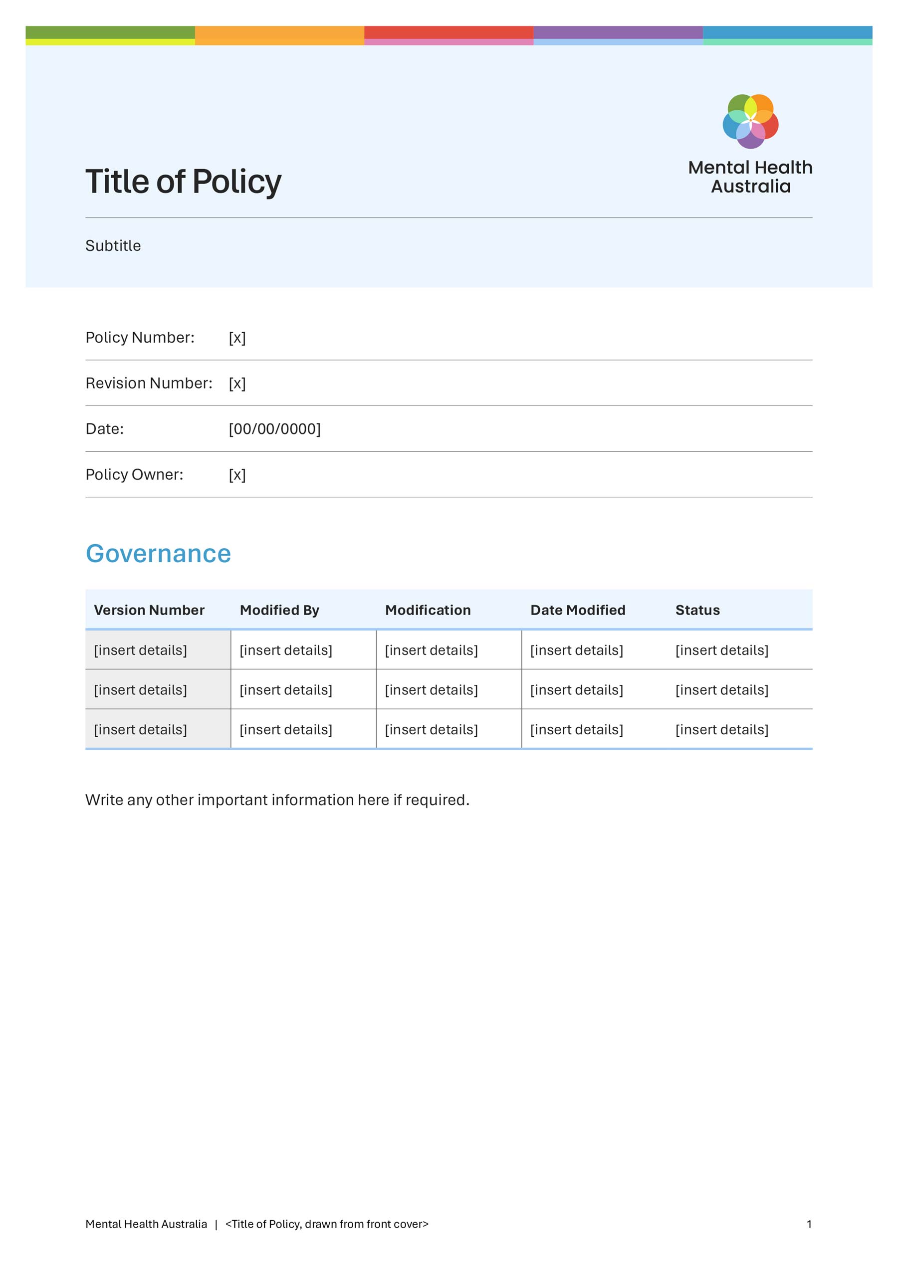 Mental Health Australia A4 portrait Word policy template cover page with light blue shaded banner at top with logo and heading