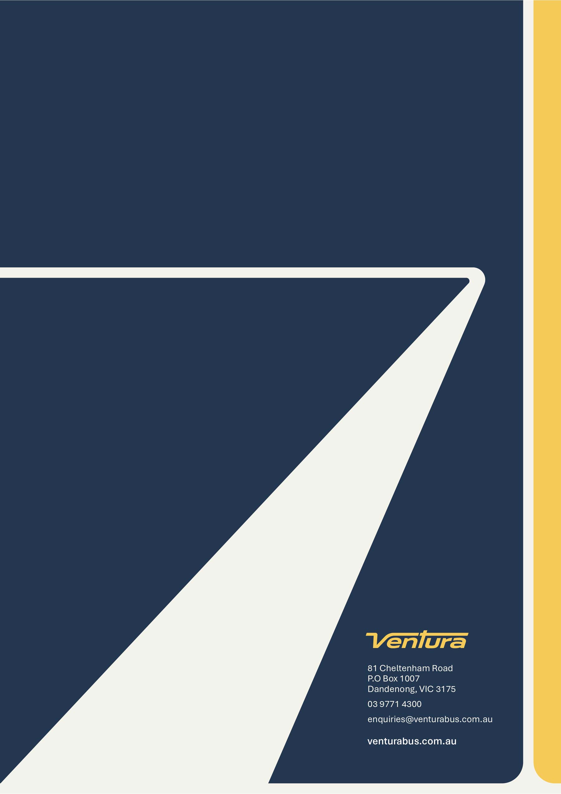 Ventura A4 Annual Report Word template back cover page with navy background and arriving graphic