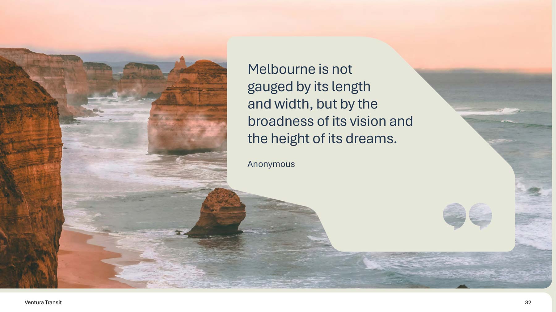 Ventura wide screen presentation template with image in the background and a brand shape with quote on top