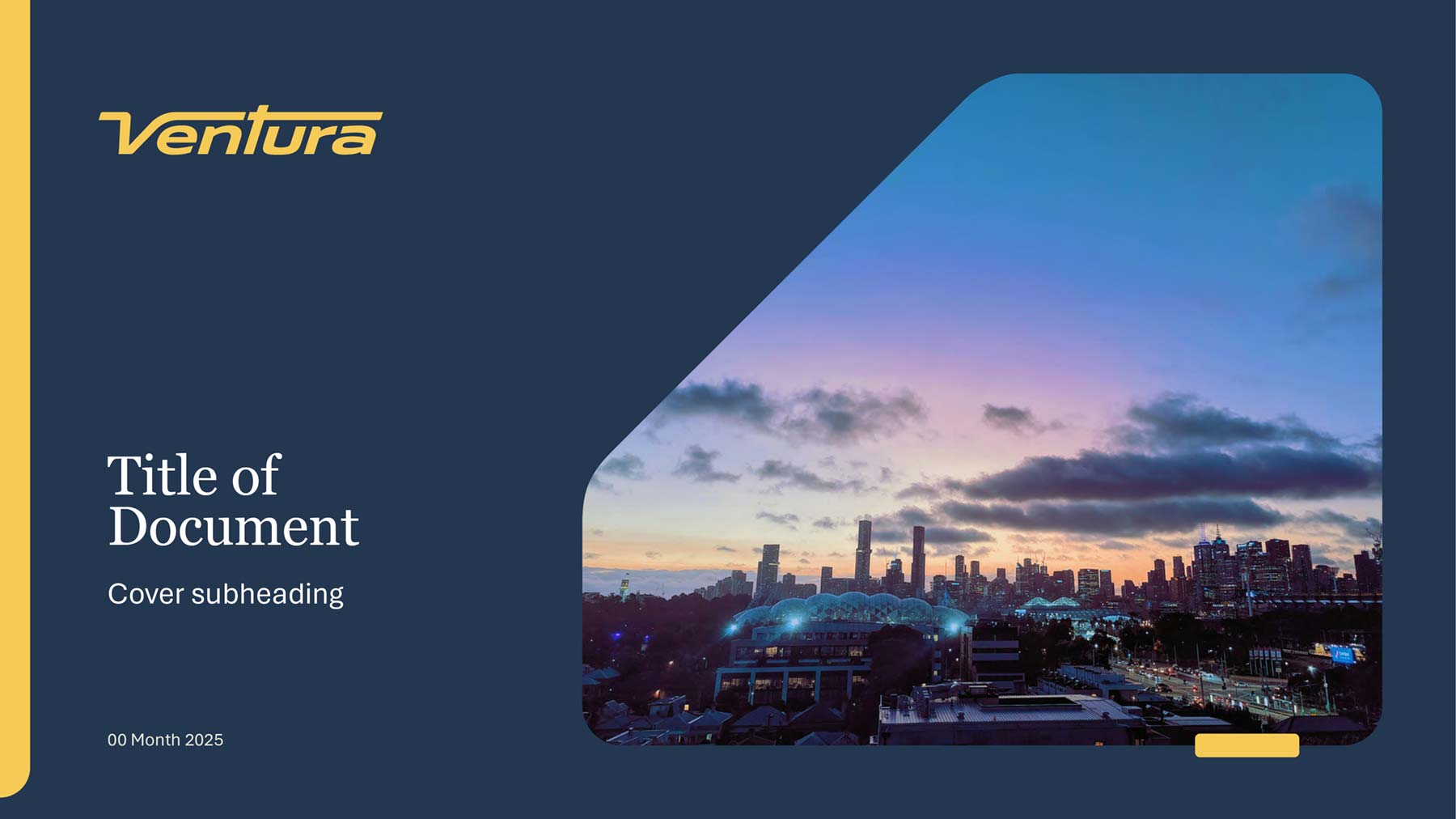 Ventura wide screen presentation template cover page with navy background and brand shape on right with image inside
