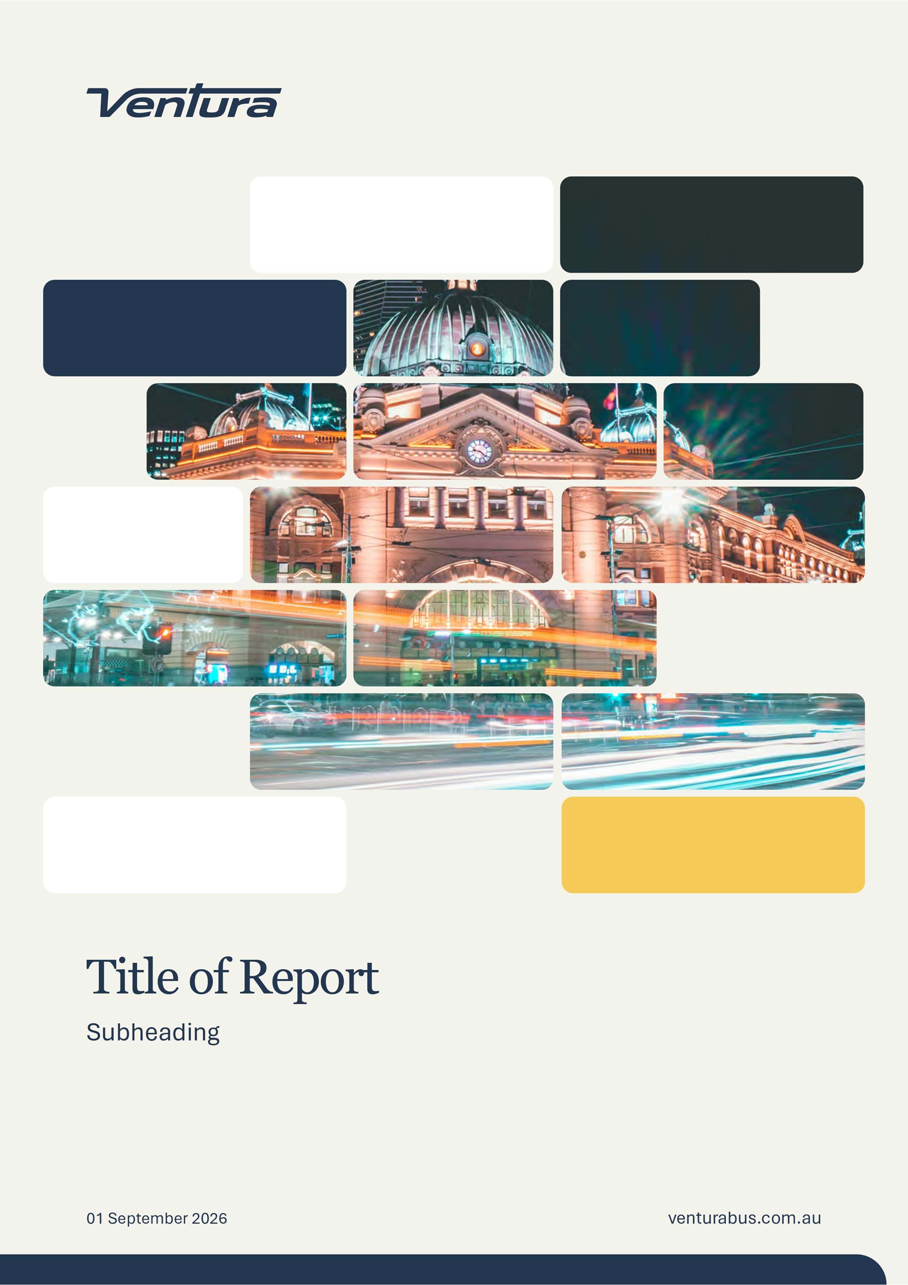 Ventura A4 Word template cover page with buses at rest graphic shape with Flinders Street station image inside