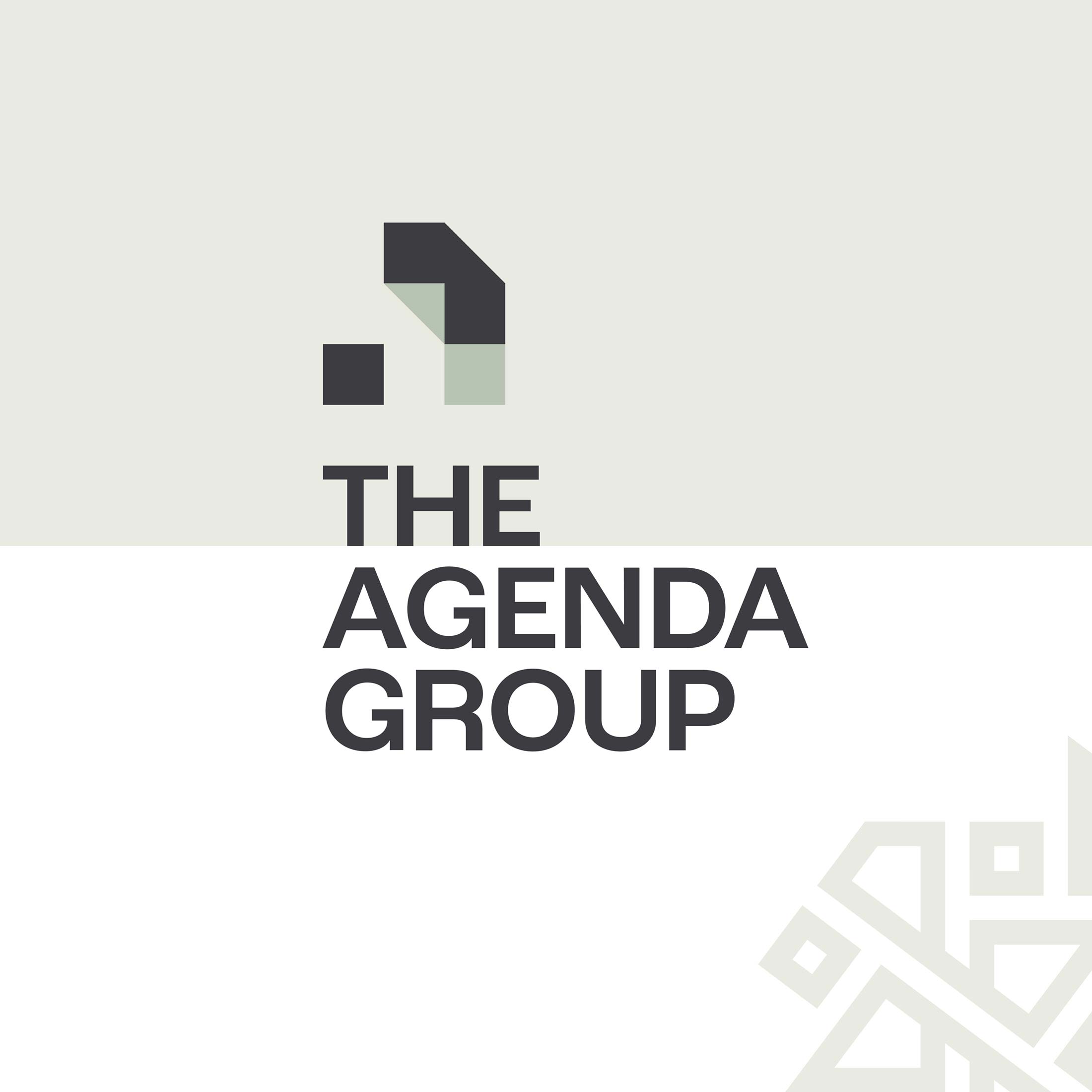 The Agenda Group logo on a 50-50 split horizontal coloured background with brand graphic in bottom right corner