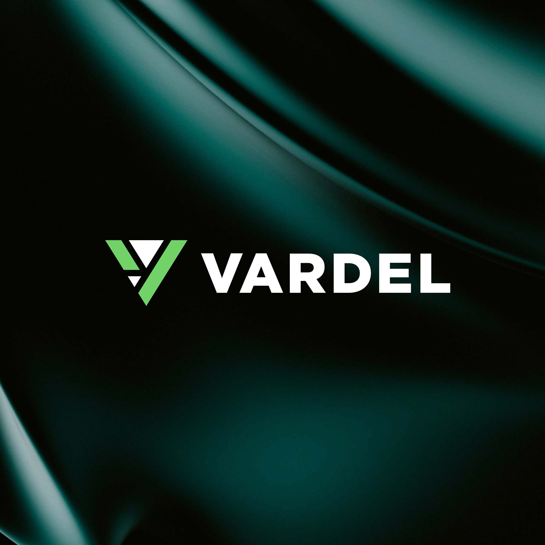 Vardel logo on forest green background with green stripes running top to bottom