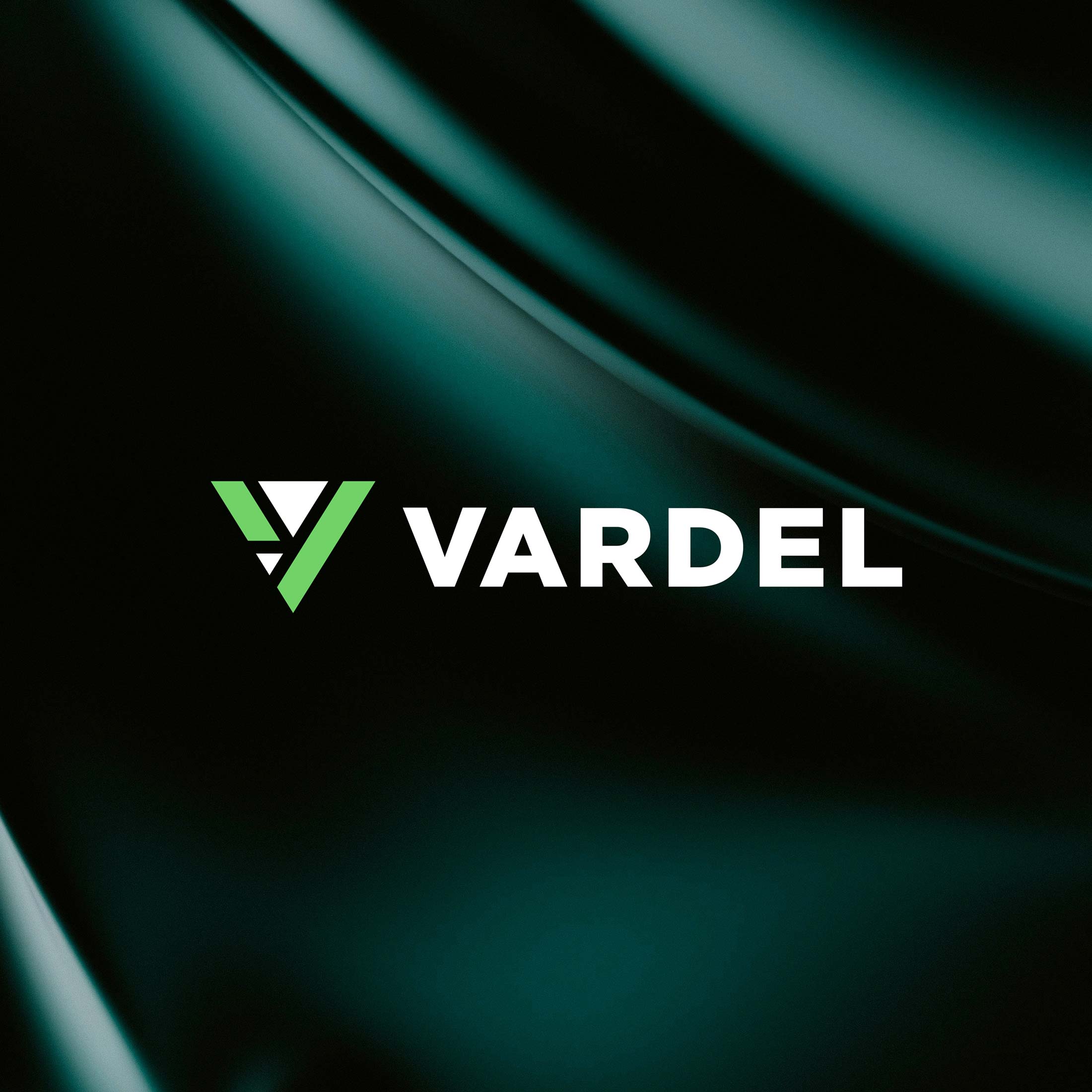Vardel logo on forest green background with green stripes on the sides