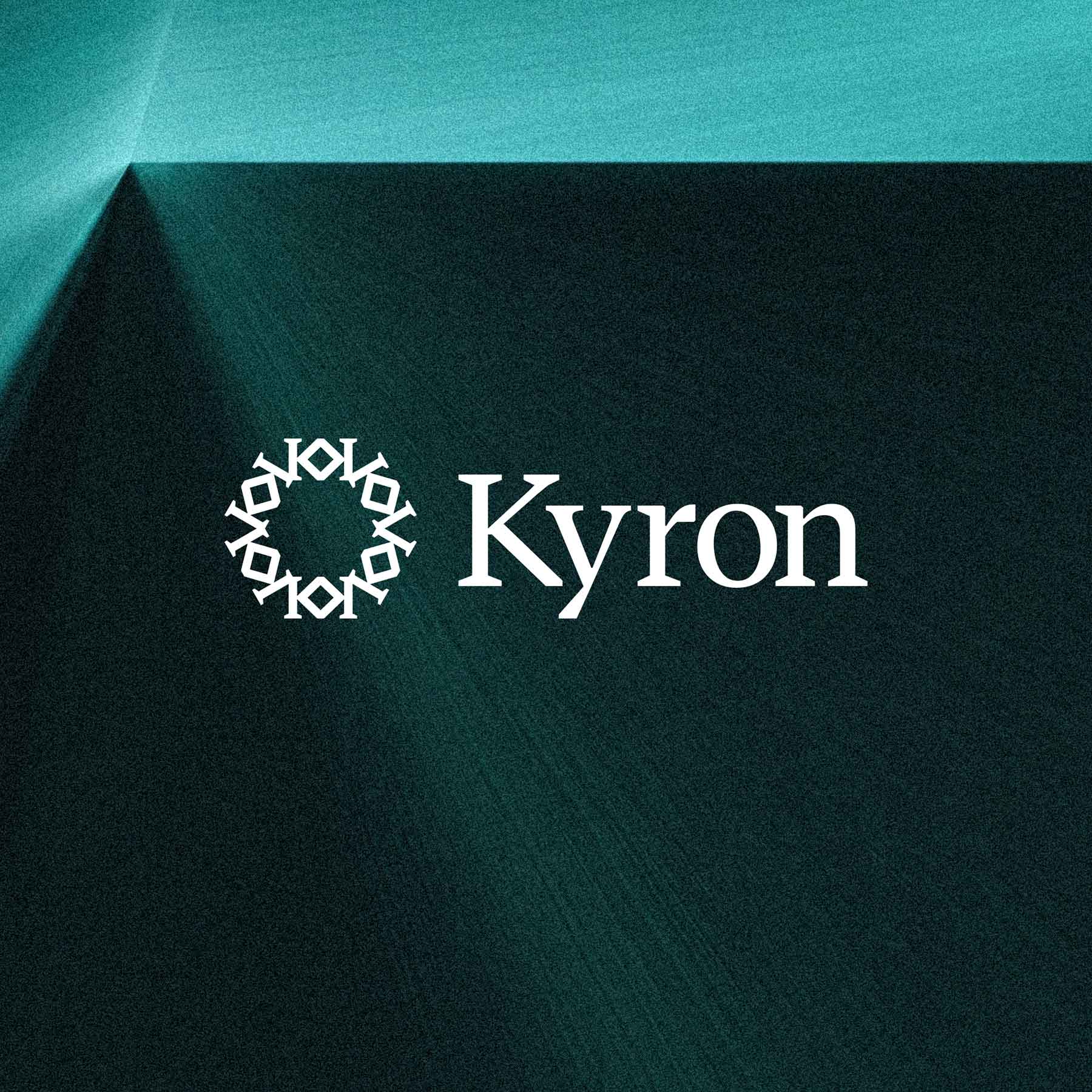 Kyron logo in the centre in white, with a green brand graphic behind
