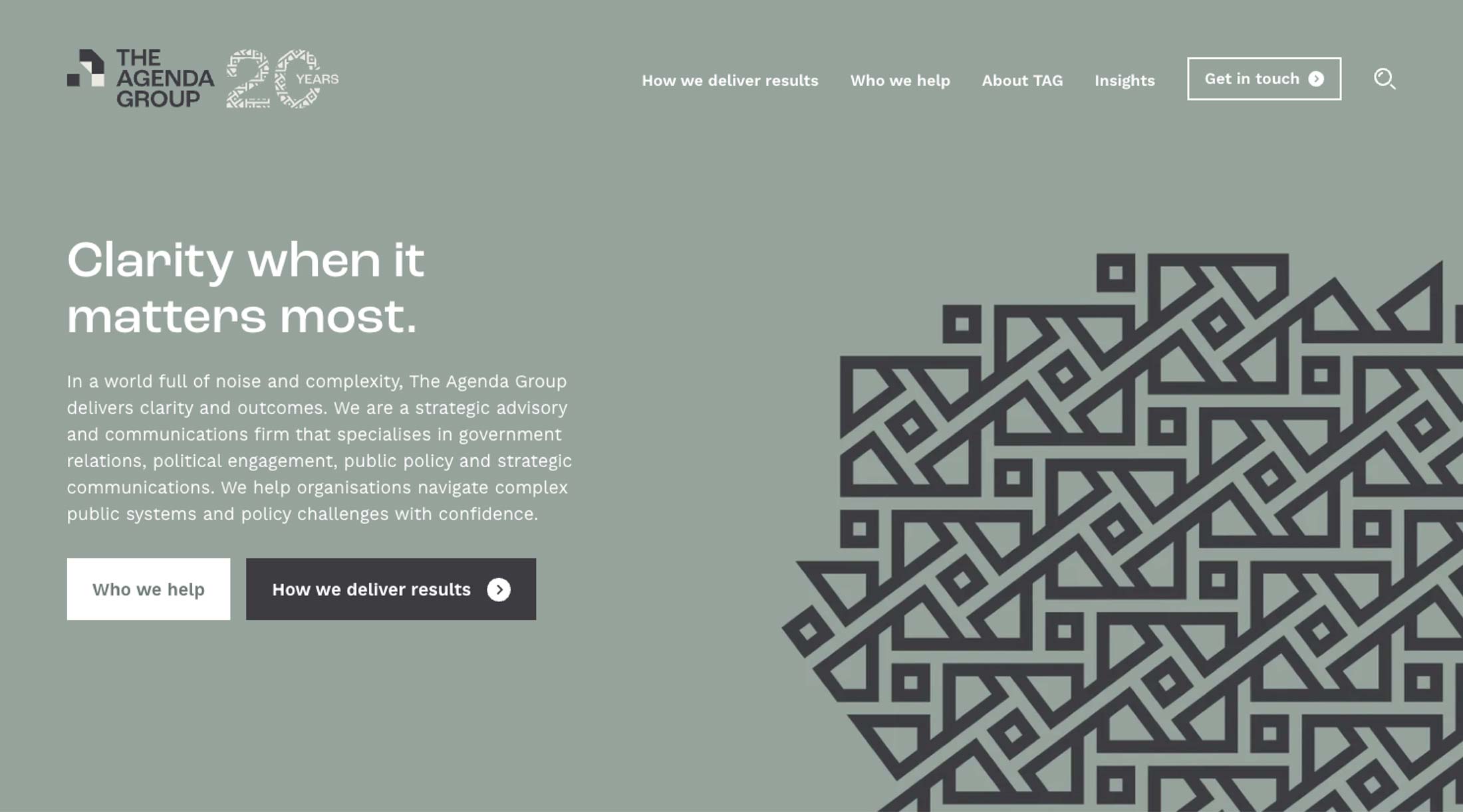 The Agenda Group website with brand graphic on left, and text on right