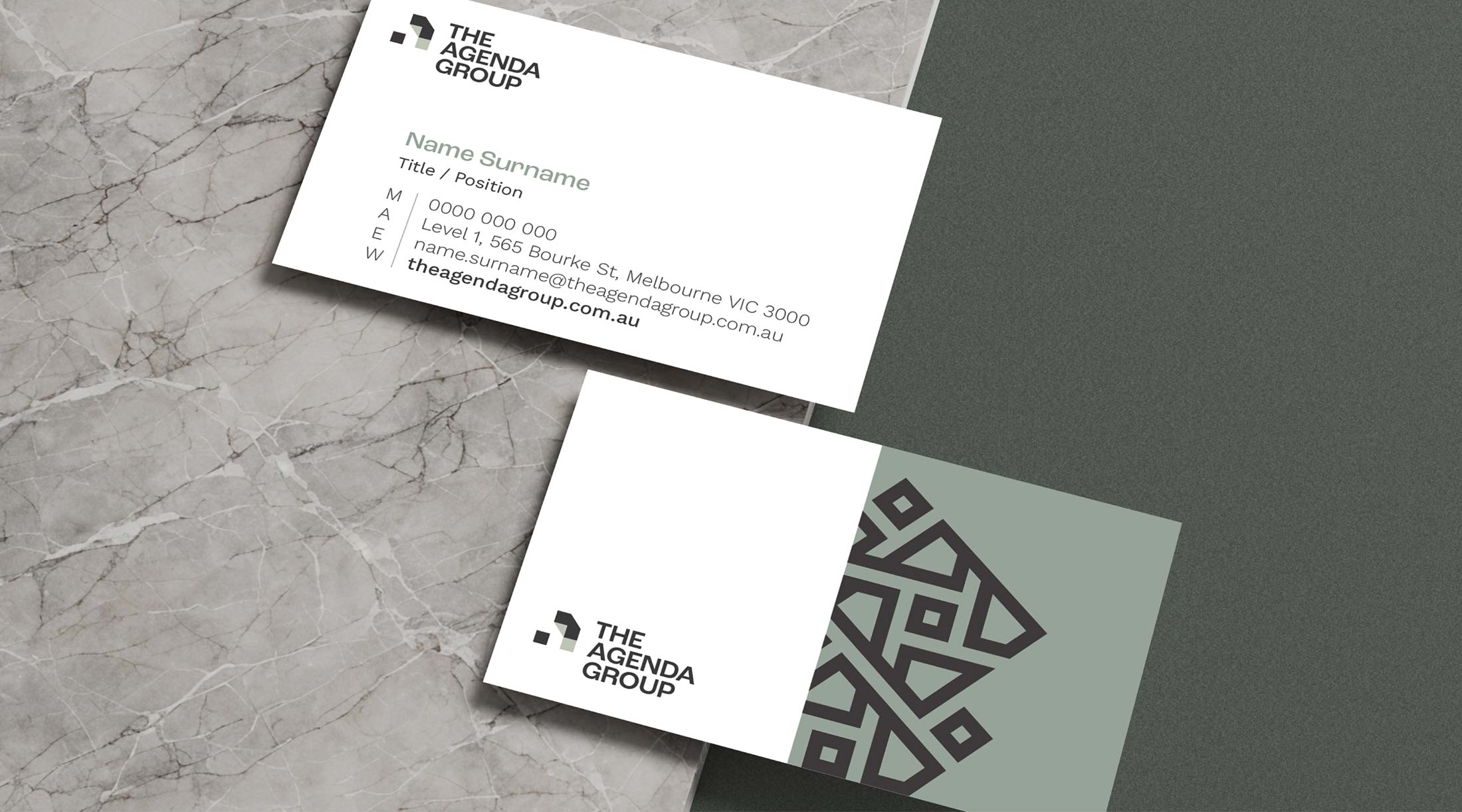 The Agenda Group business cards, both front and back