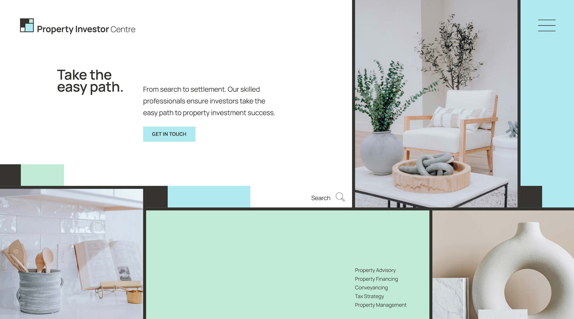 Property Investor Centre website desktop layout with squares and rectangle design