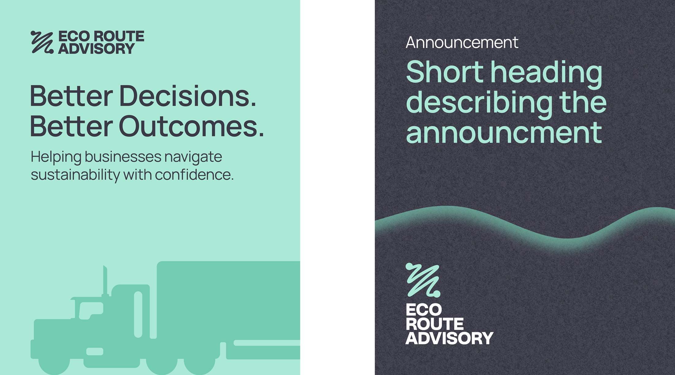 Eco Route Advisory social media posts with different coloured backgrounds, truck drawings and brand imagery