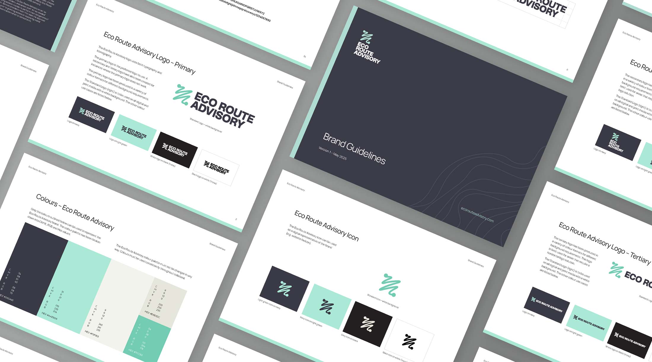 Eco Route Advisory brand guidelines laid out flat with multiple pages showing