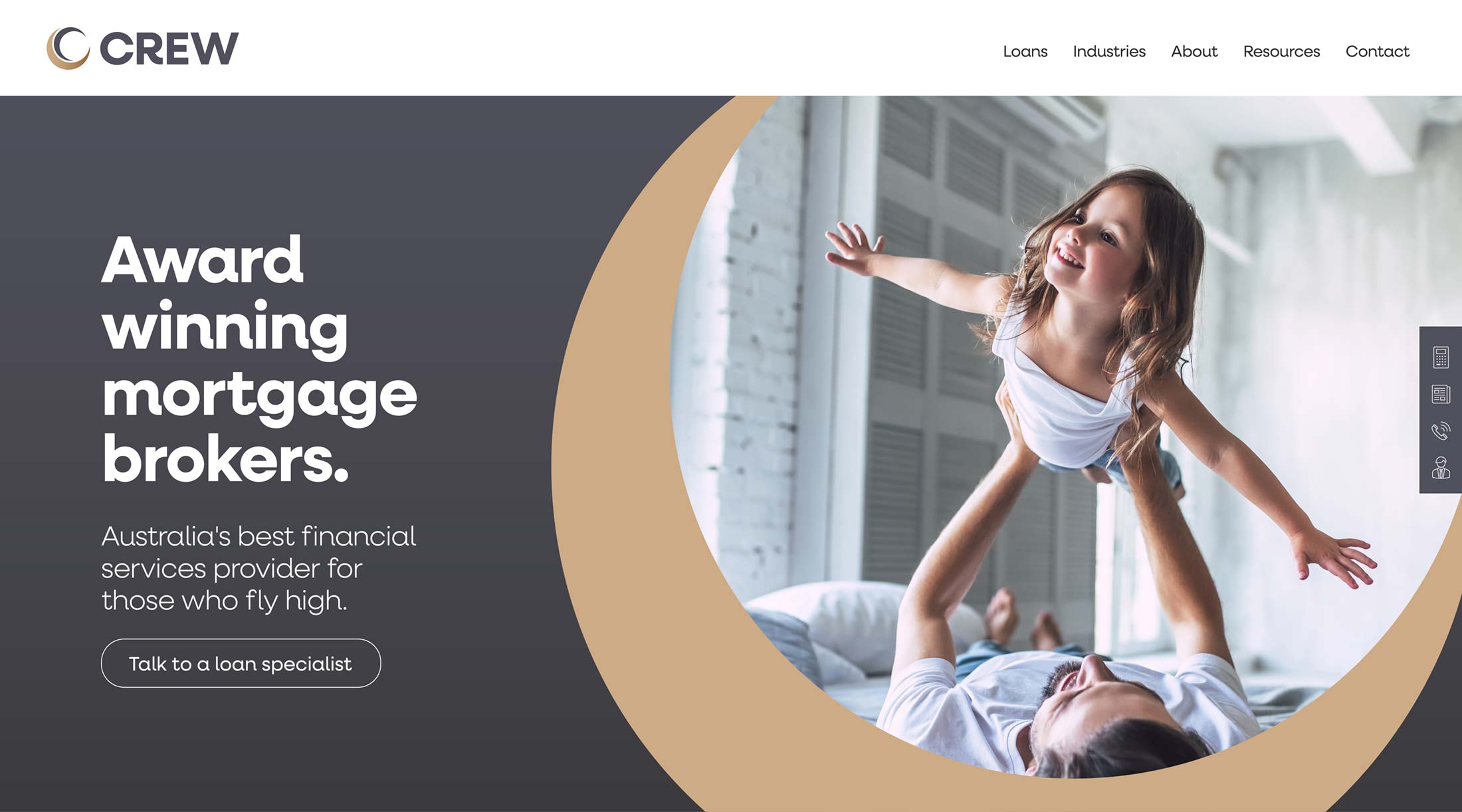 Crew website layouts of home with image of girl being lifted by a man