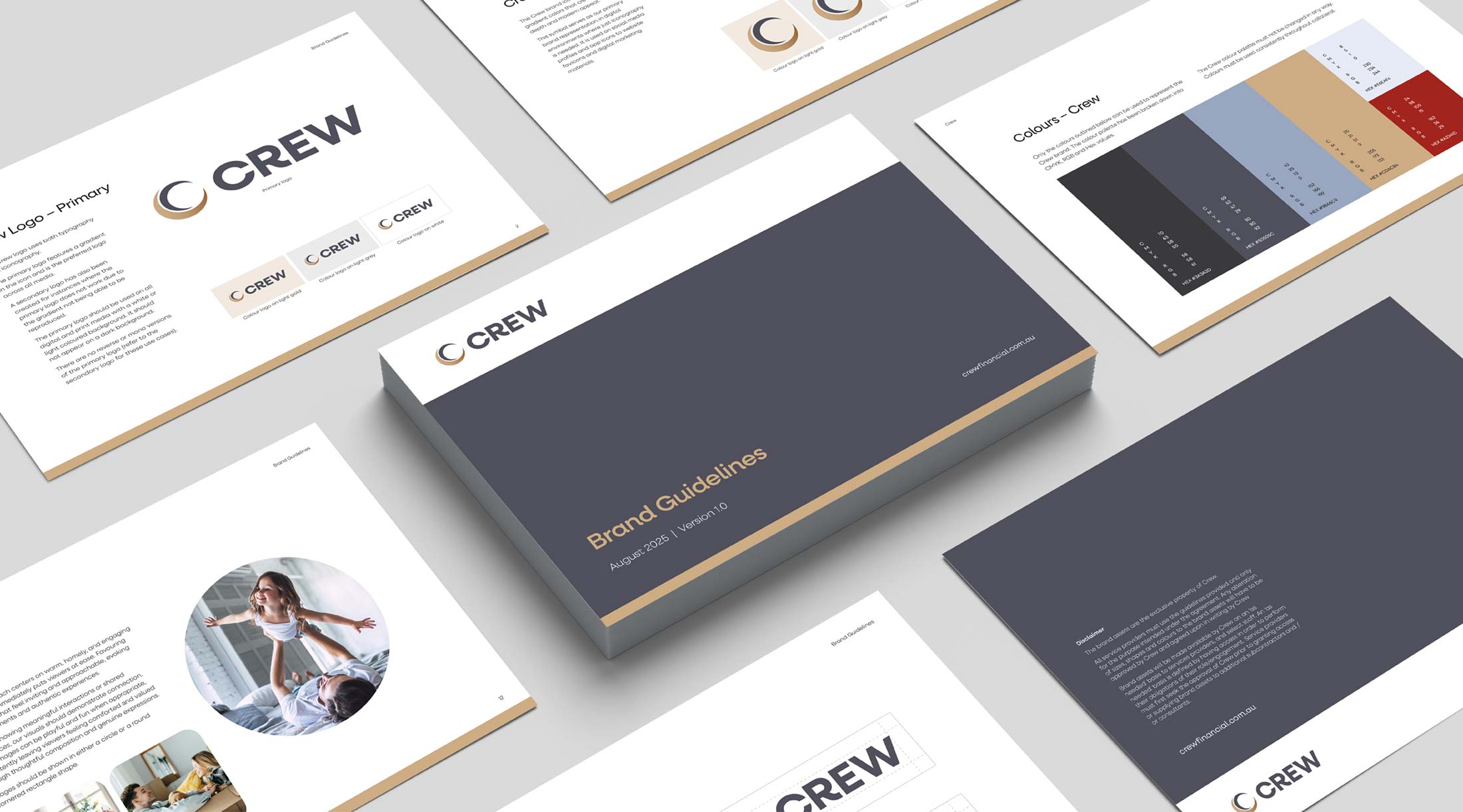Crew brand guidelines laid out as flat and angled, multiple page showing