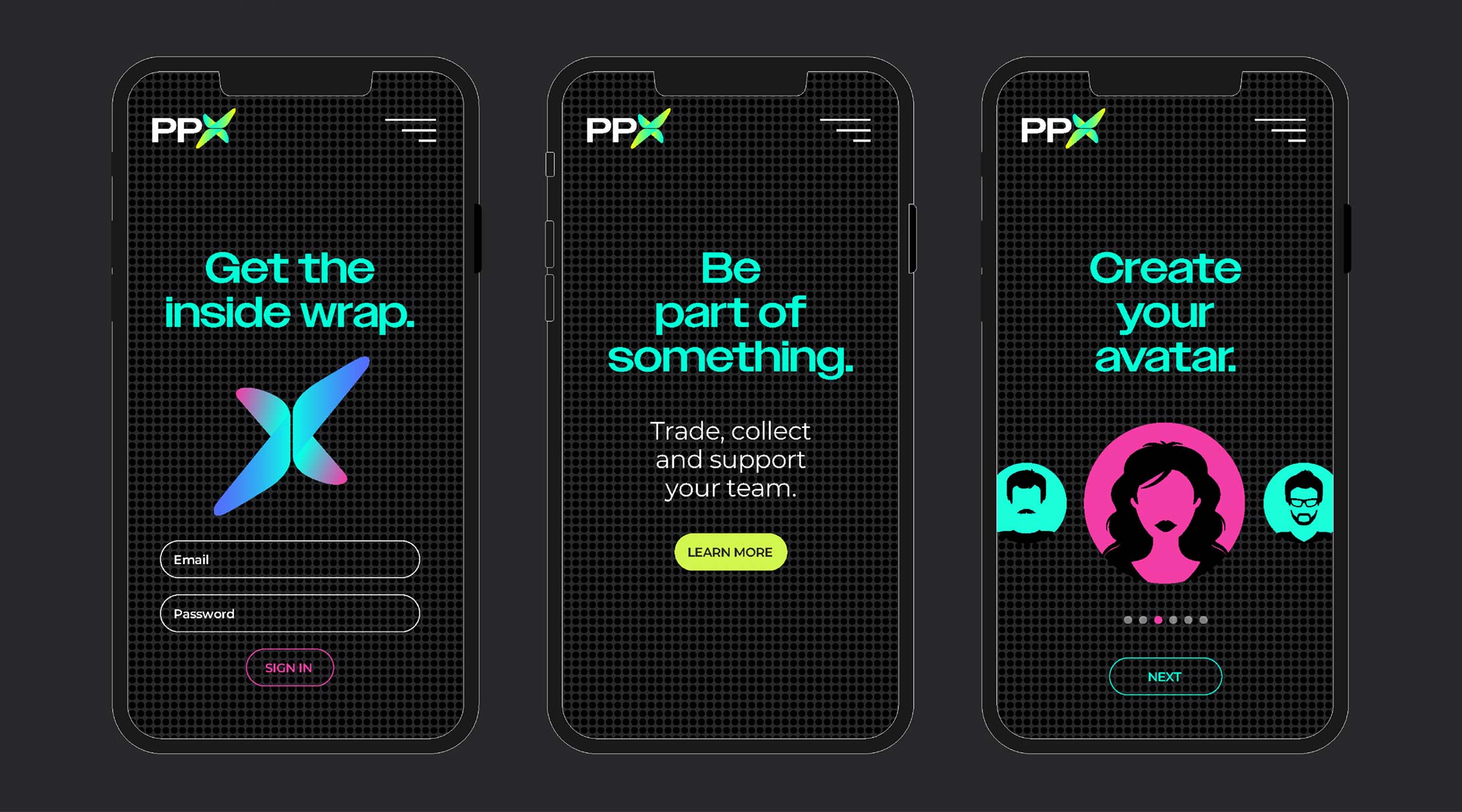 Pitch PlusX website mobile layout with 3 different designs, all using the neon colour palette