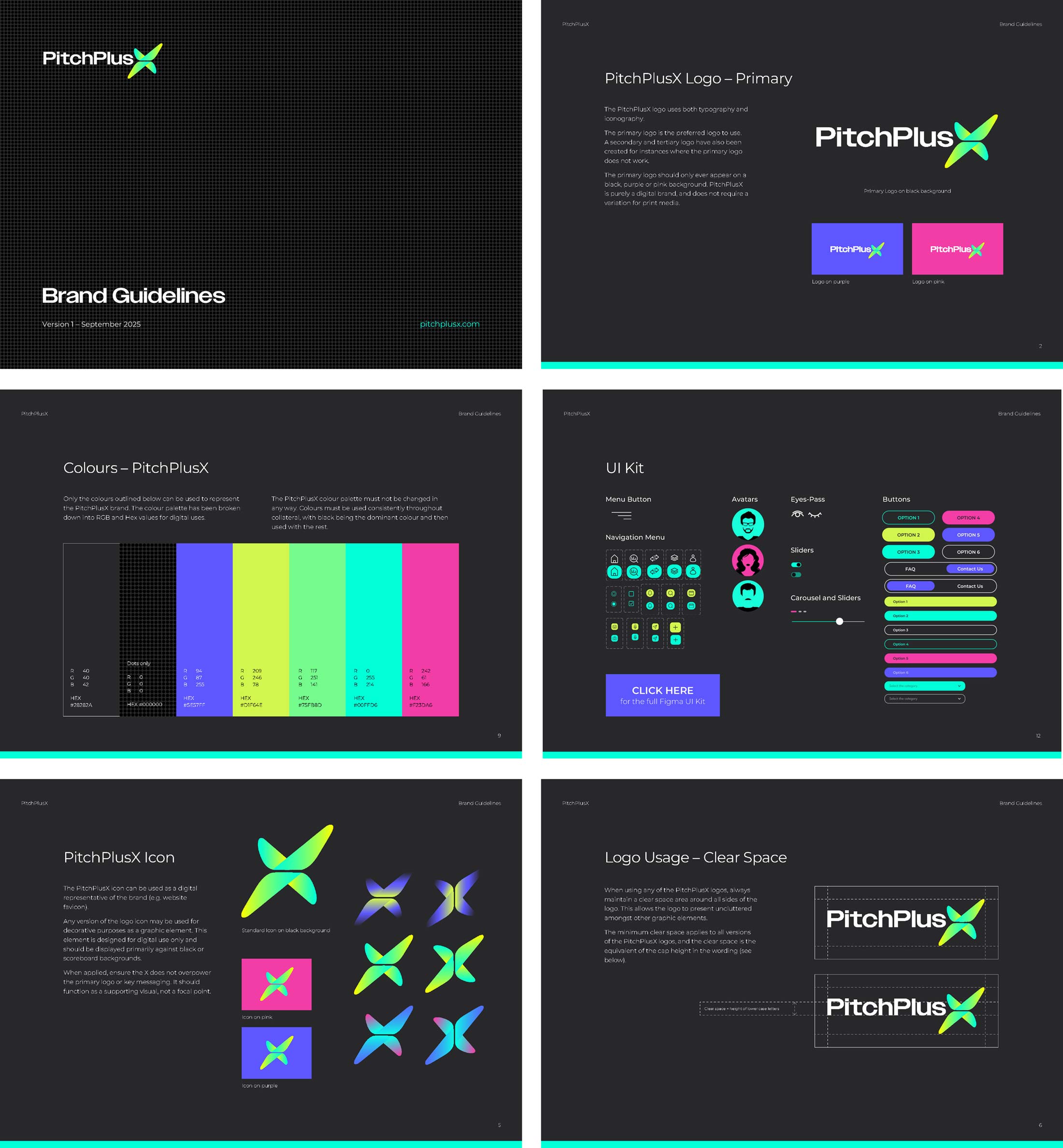 Pitch PlusX brand guidelines pages, 6 in total