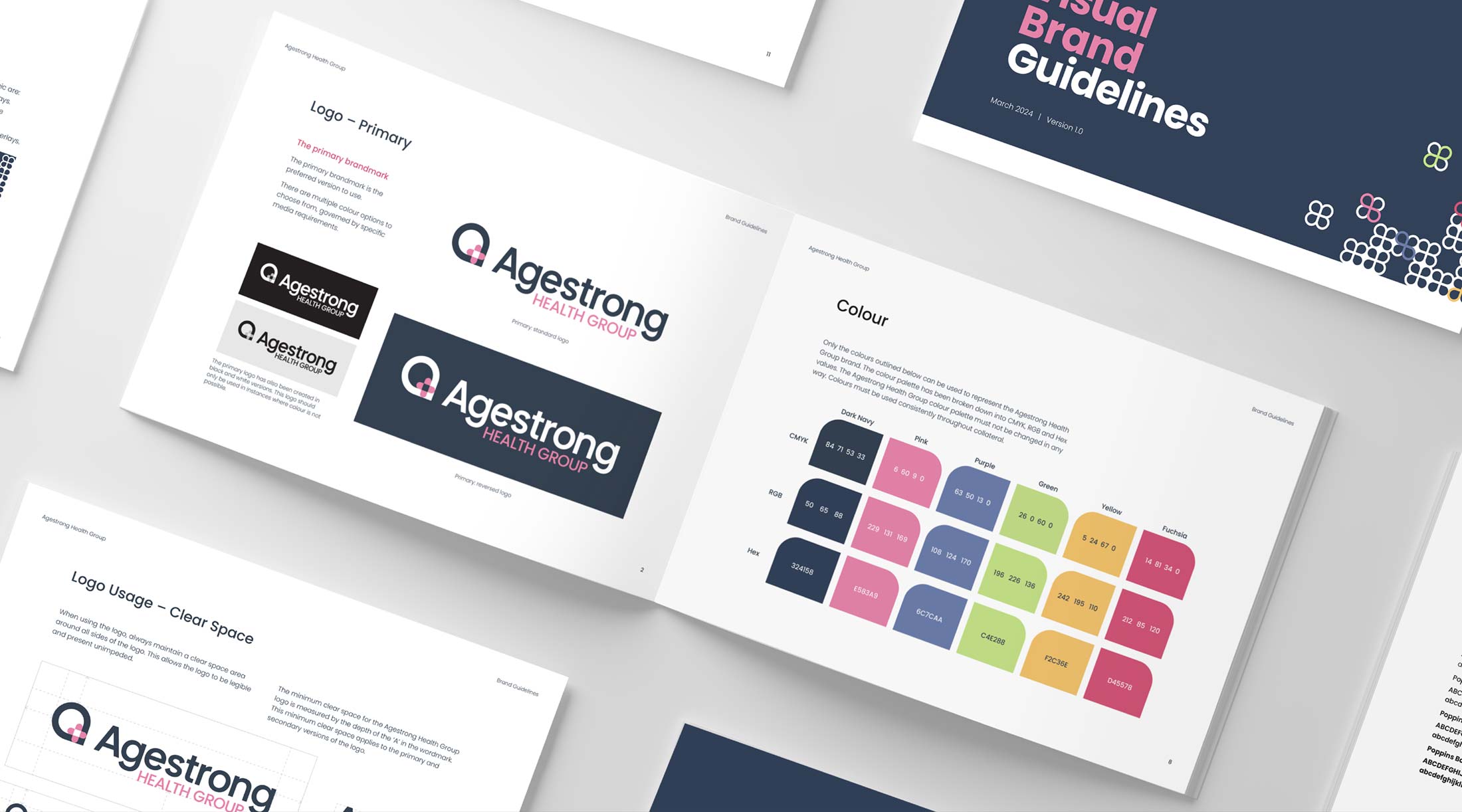 Agestrong brand guidelines as open pages laid out on a table