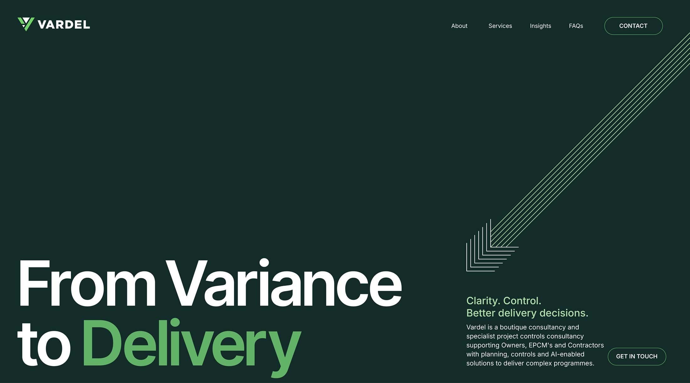 Vardel website homepage with dark green background, and large words saying 'from Variance to Delivery'.