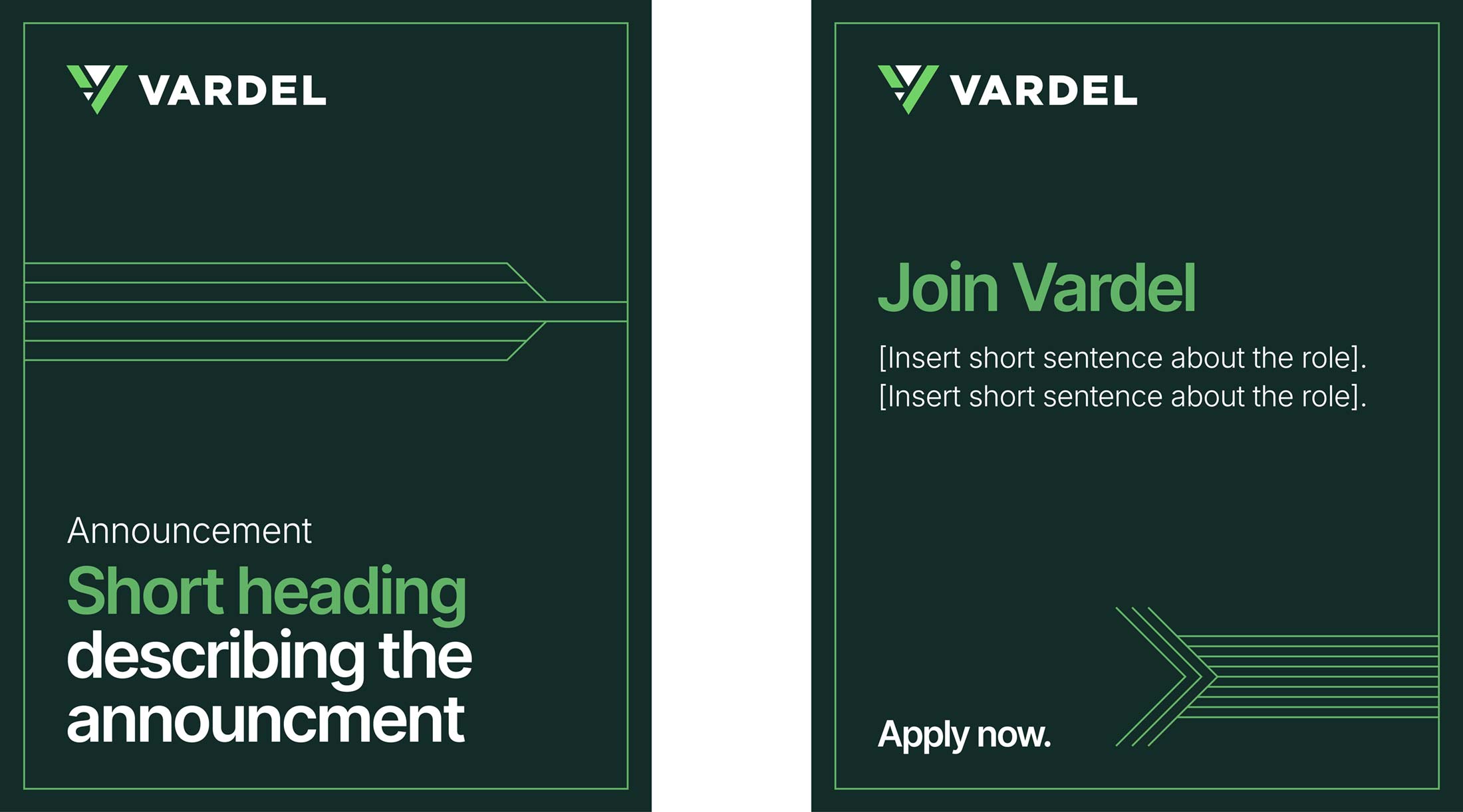Vardel social media posts with dark green background, brand graphics, logos and text
