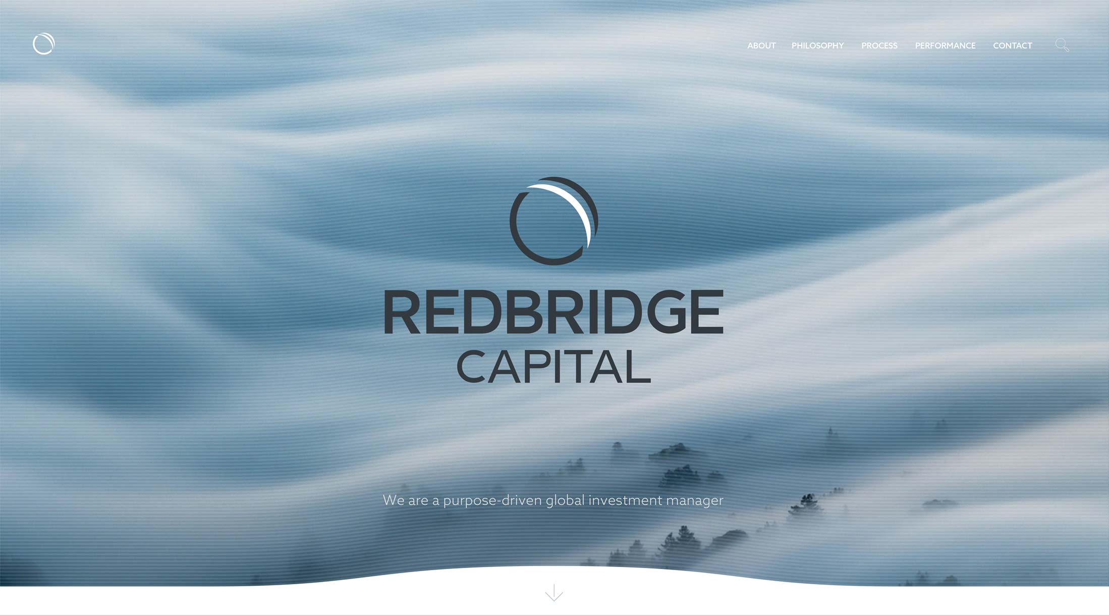 Redbridge Capital logo on top of soft blue cloud image for the website desktop homepage