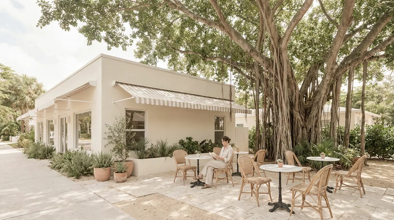 Neighbourhood cafe terrace under a banyan tree