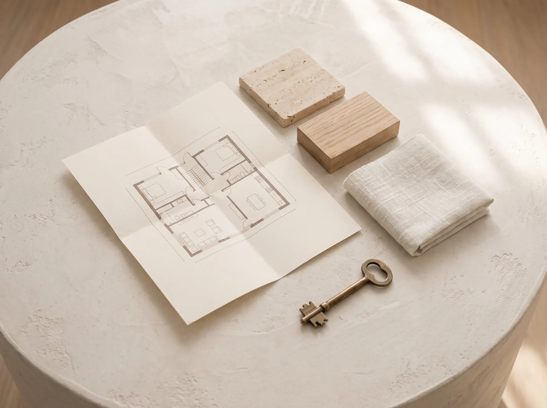 Floor plans, material samples and a key on a stone table