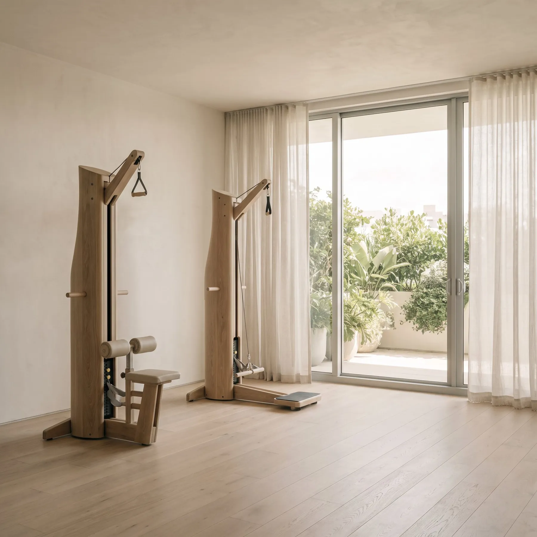 Fitness studio with oak equipment and a view to the loggia