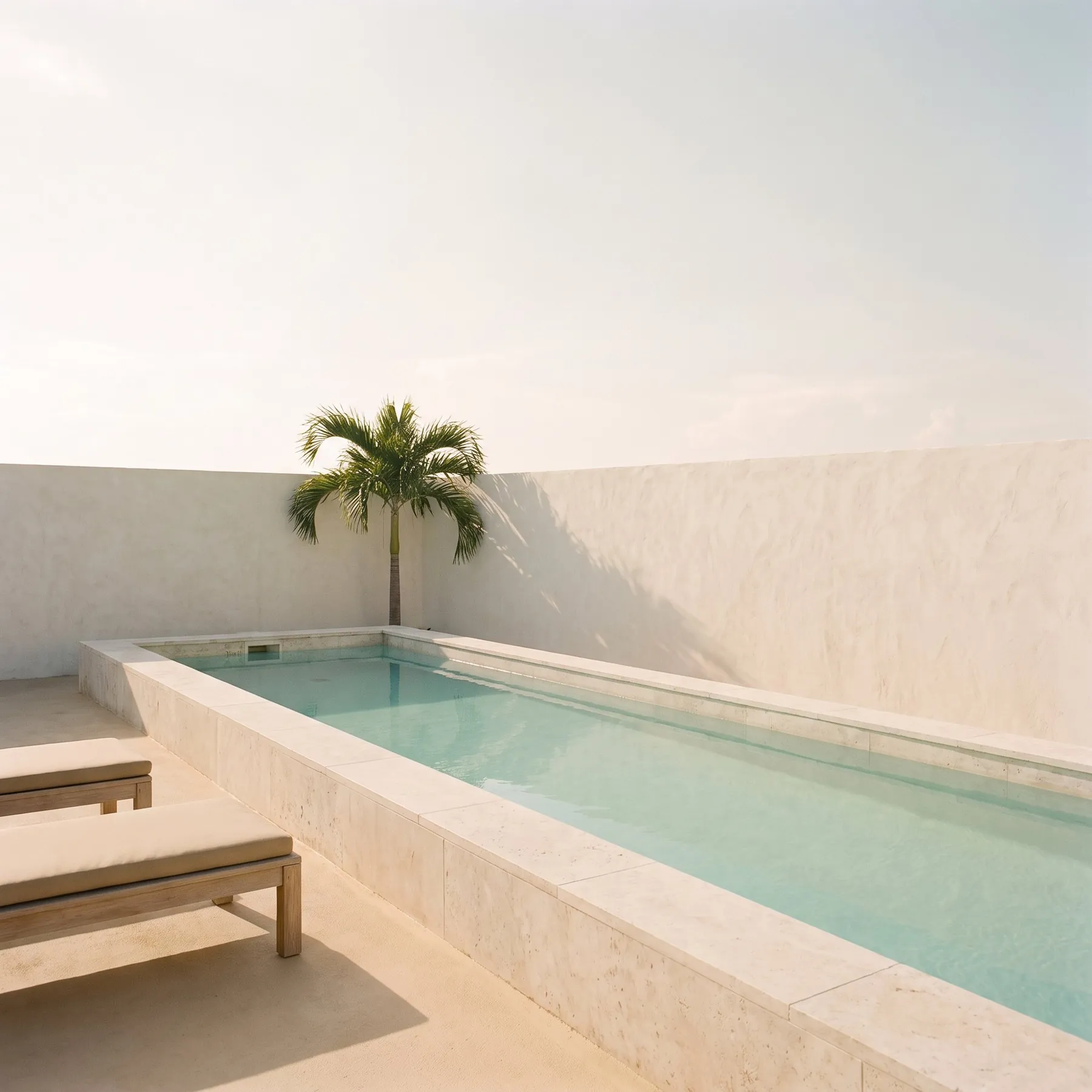 Lap pool and sun loungers under palms