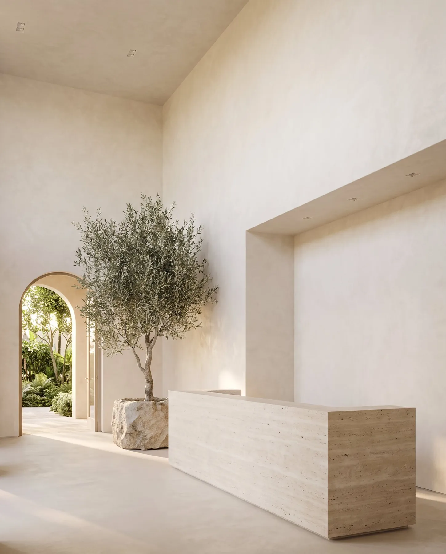 Sales gallery lobby with an olive tree