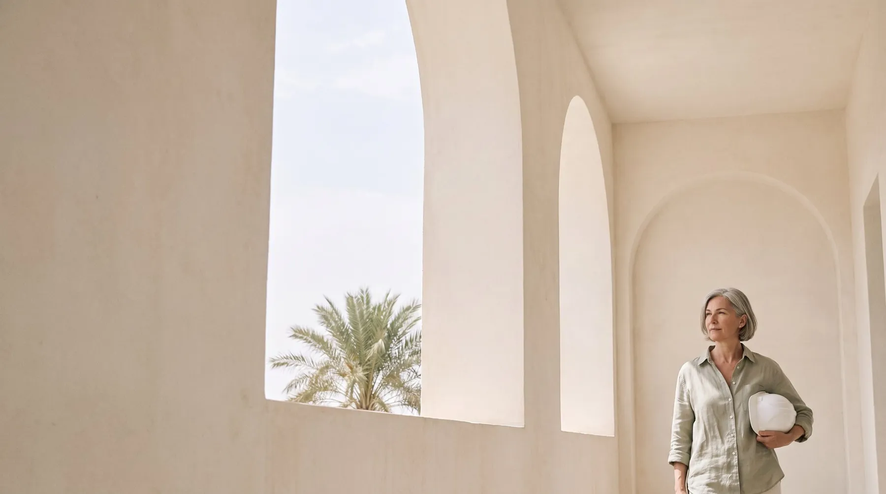 Ines Moura, founding architect of Moura Arquitectos, standing in a shaded loggia