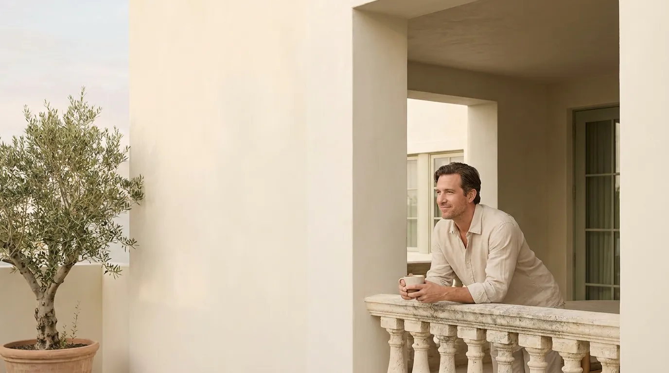 Marcus Bell reading on his loggia at Palm Court