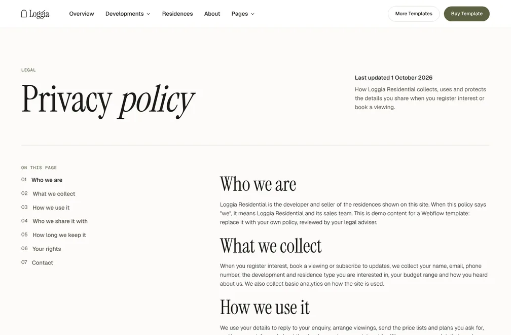 Privacy policy page preview