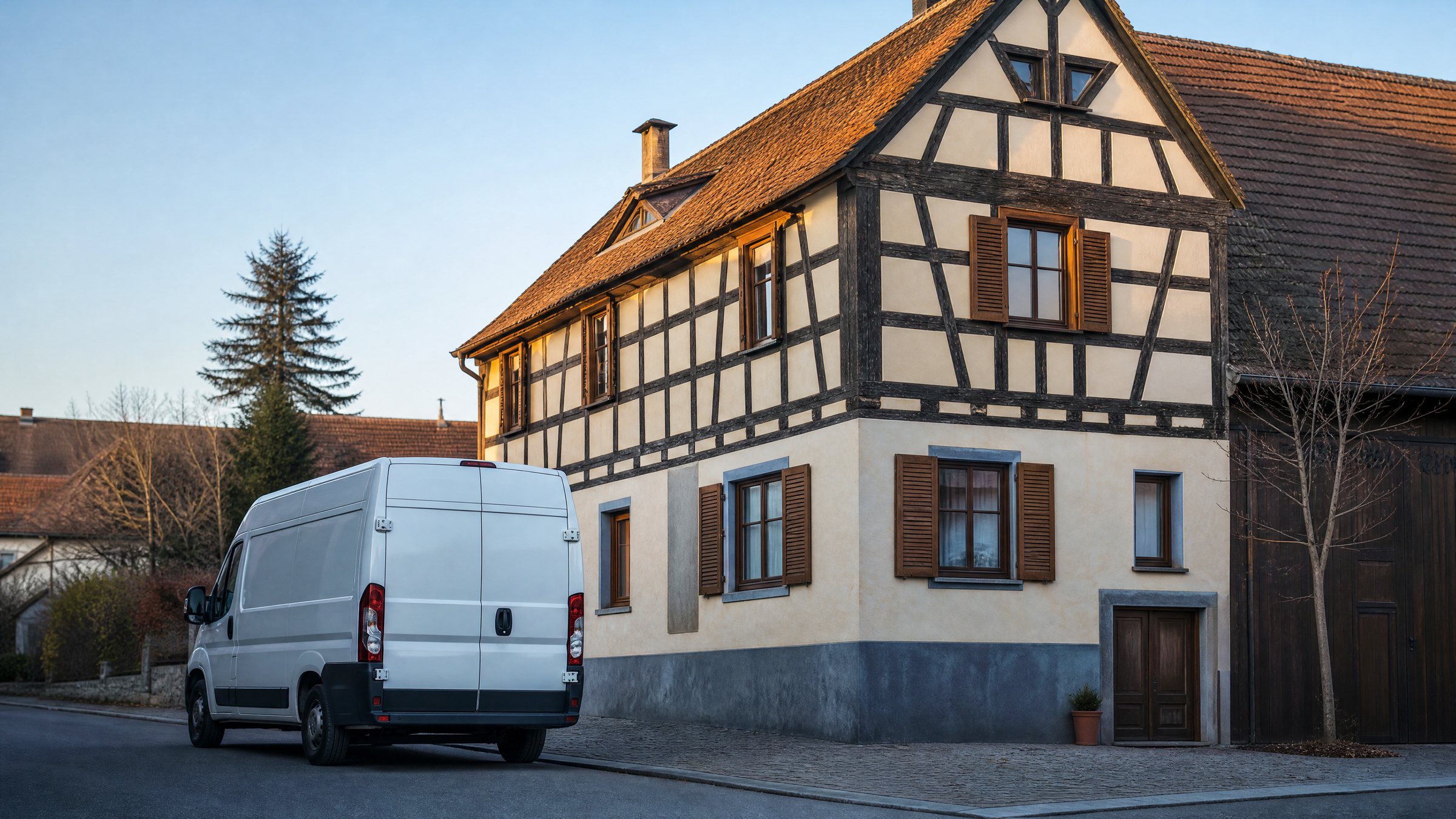 L'utilitaire d'Akkaya & Frères garé devant une maison alsacienne à colombages
