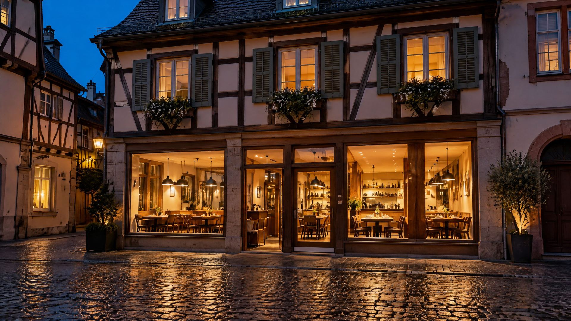 Restaurant d'une rue alsacienne le soir, salle et vitrines éclairées