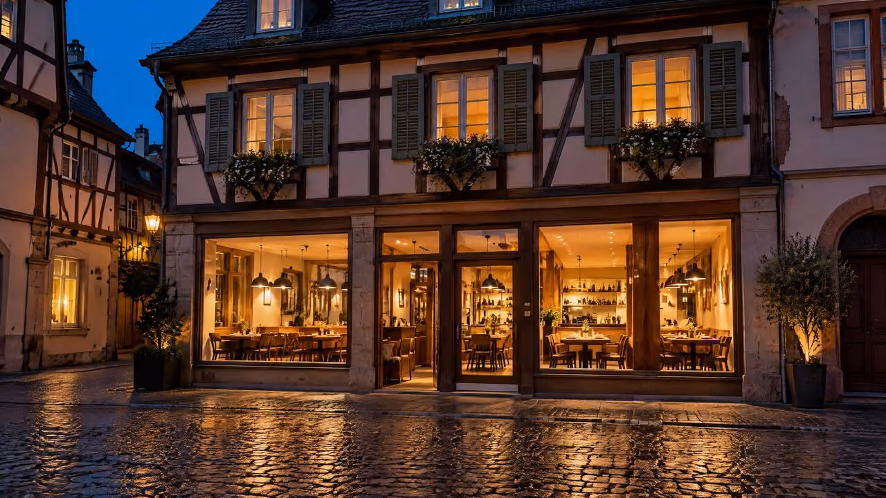 Restaurant d'une rue alsacienne le soir, salle et vitrines éclairées