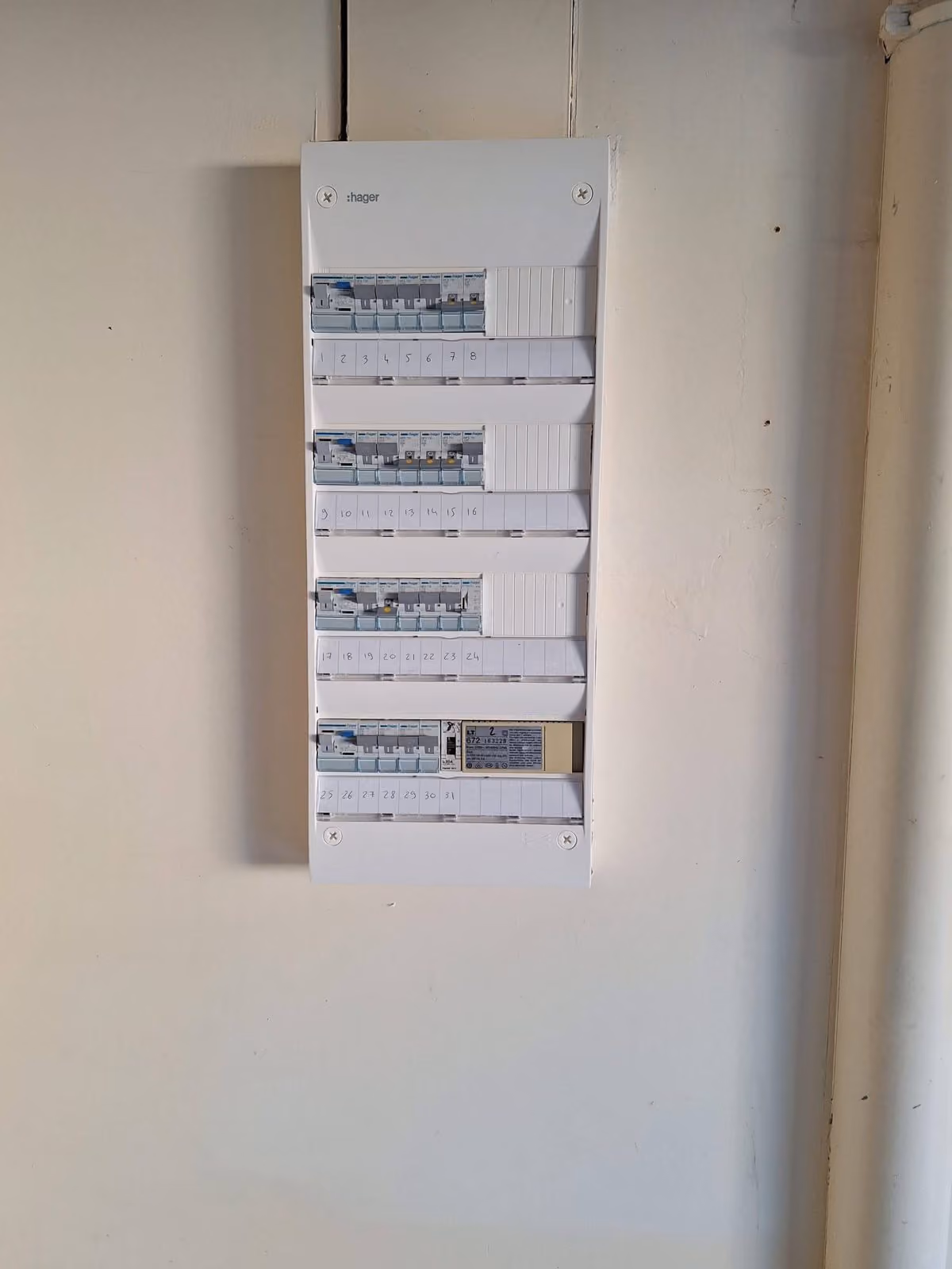 Le tableau Hager neuf, fermé et repéré.