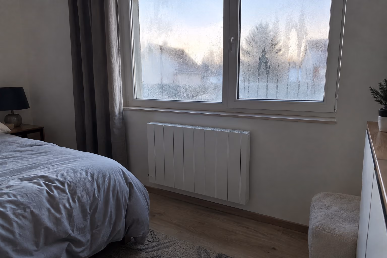 Radiateur électrique à inertie posé sous la fenêtre d'une chambre