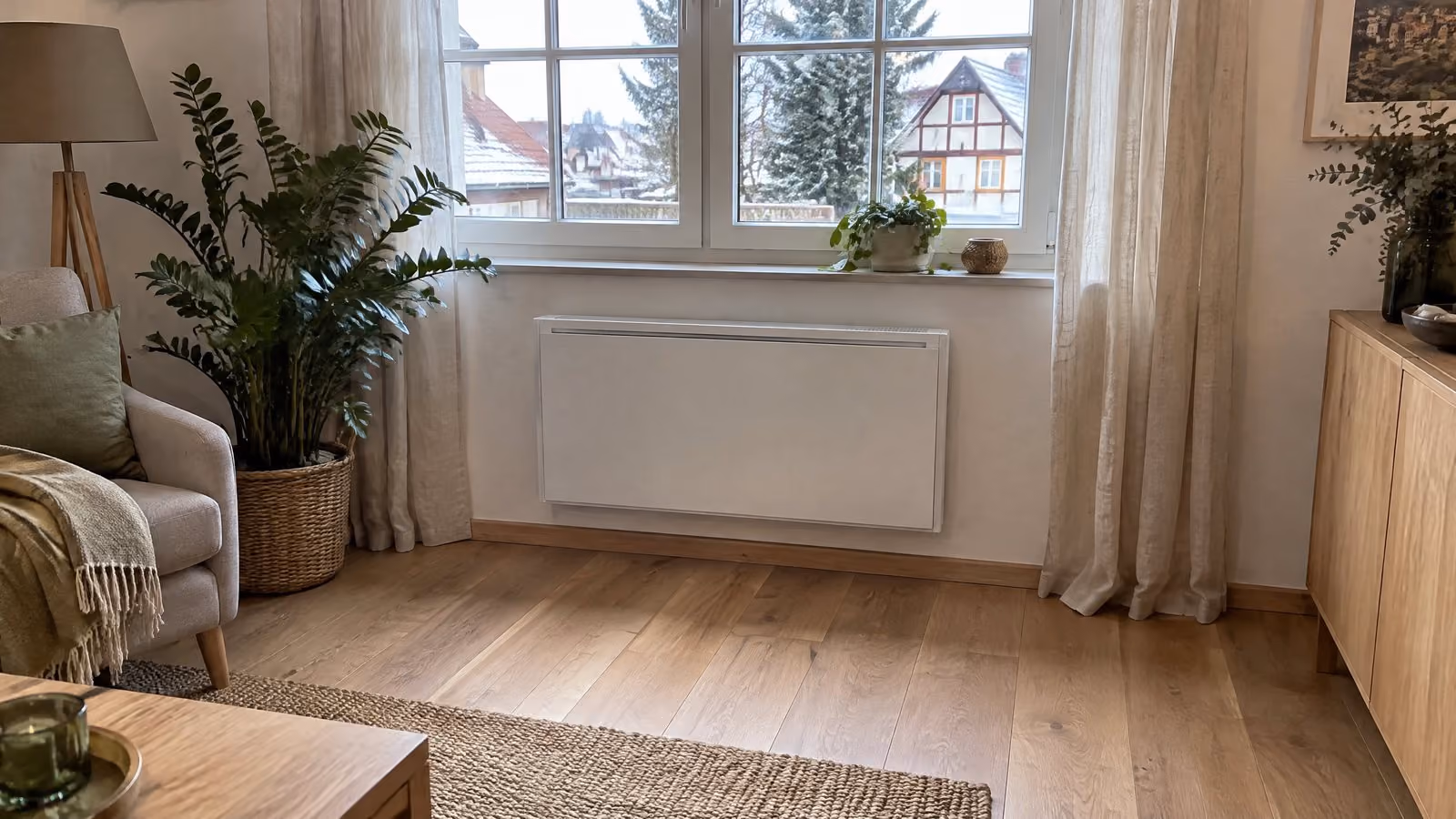 Radiateur électrique à inertie posé sous la fenêtre d'un séjour