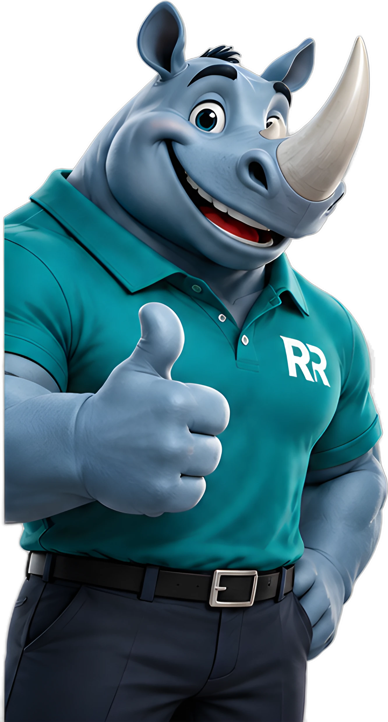 Refund Rhino, the TaxDashers gray rhino mascot in a teal RR polo
