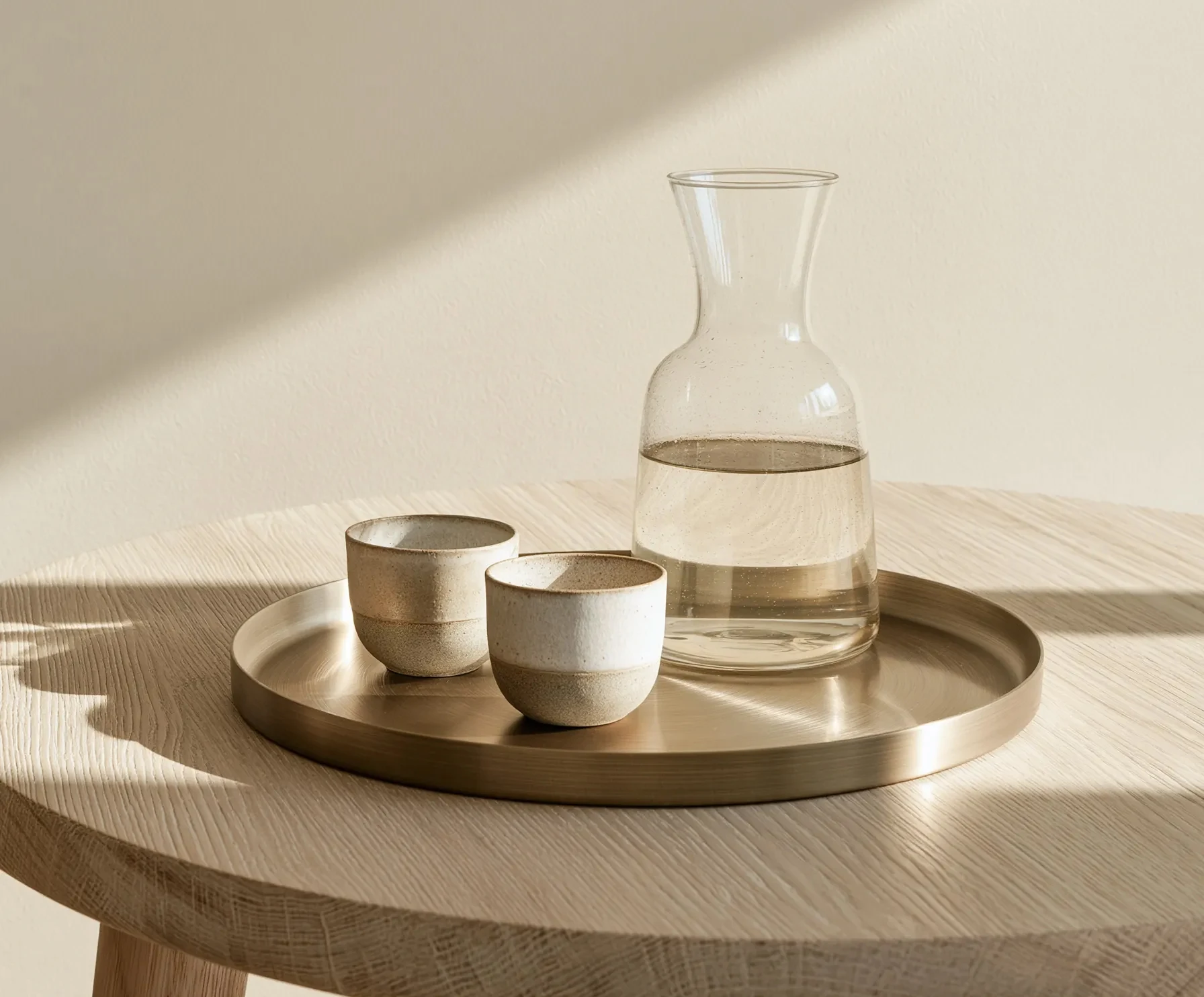 A glass carafe and two ceramic cups on a tray in warm sunlight.