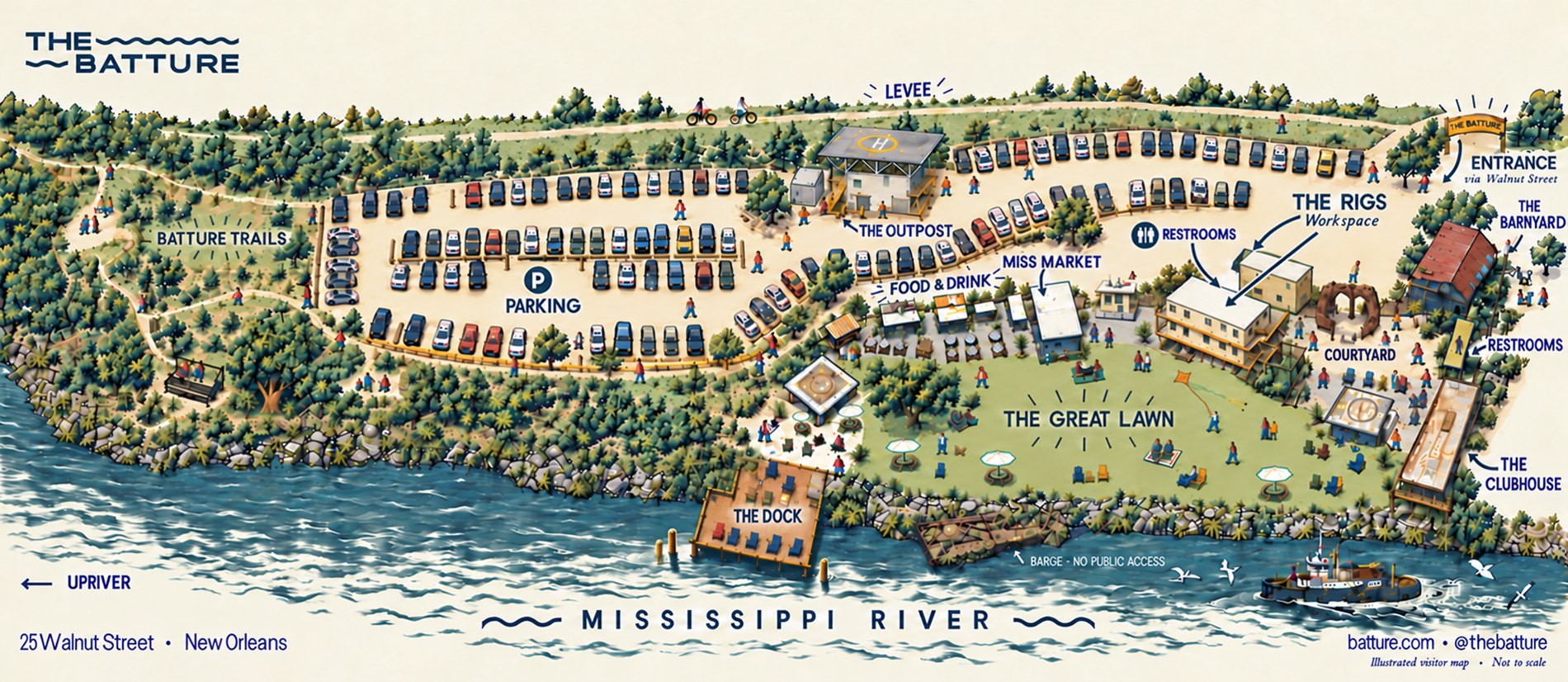 Illustrated map of The Batture showing the entrance via Walnut Street, parking, the Outpost, food and drink, Miss Market, the Great Lawn, the Dock, the Rigs, the Courtyard, the Barnyard, the Clubhouse and restrooms along the Mississippi River