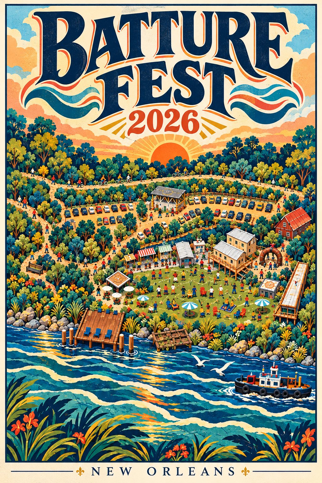 Batture Fest 2026 poster: an illustrated view of the lawn, food trucks and dock on the Mississippi River at sunset