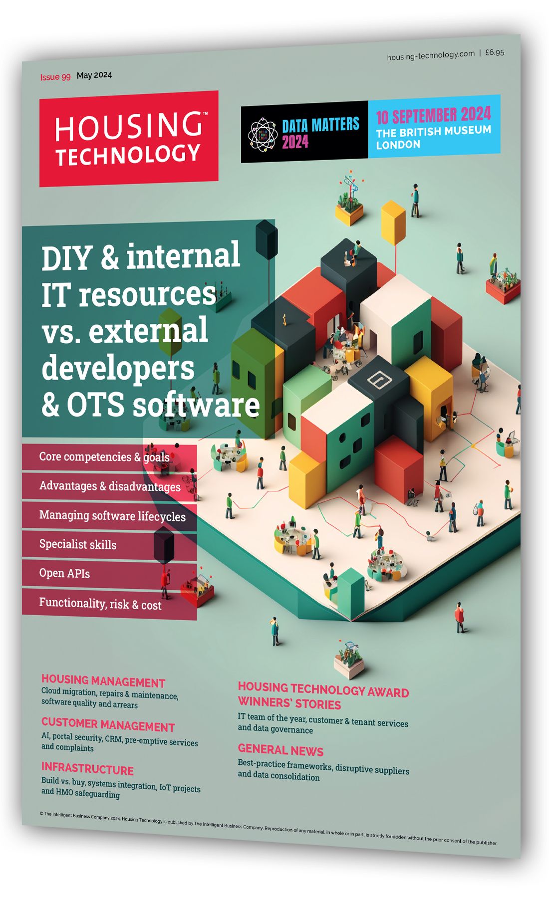Housing Technology magazine cover, issue 99, May 2024: 'DIY & internal IT resources vs. external developers & OTS software'
