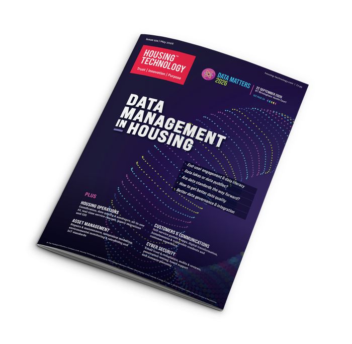 Housing Technology magazine cover, issue 111, May 2026: 'Data management in housing'