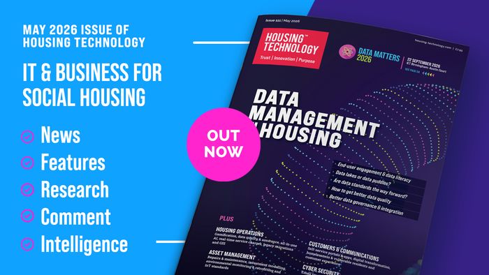 Banner: May 2026 issue of Housing Technology, IT & business for social housing, out now, with the magazine's cover