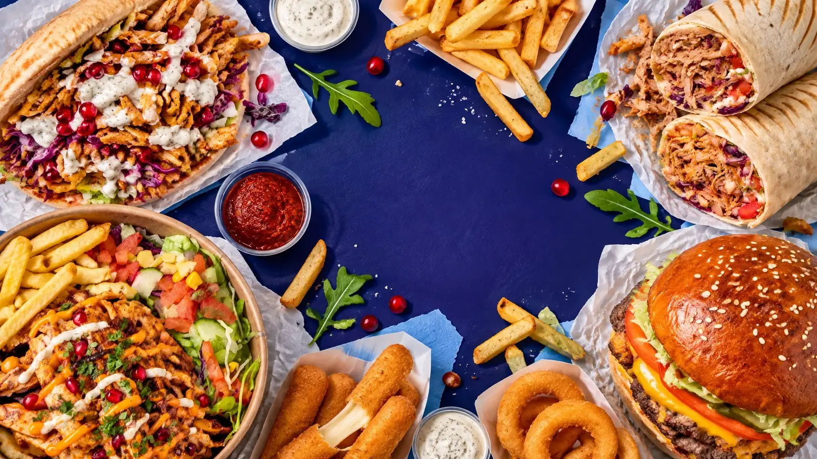 Kebabs, yufka, burger, frites et sauces sur une table bleue, vue du dessus