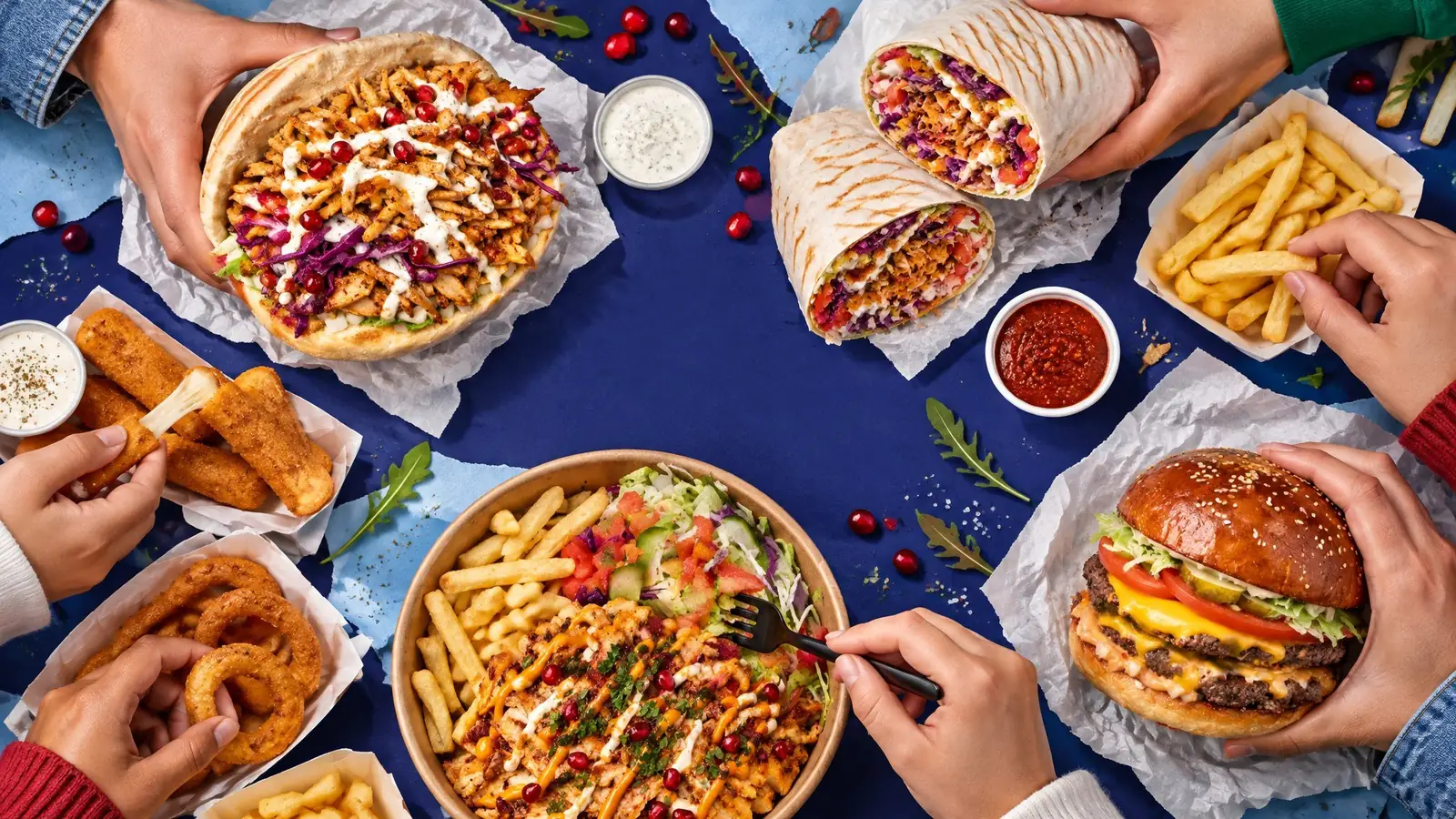 Vue du dessus : des mains attrapent kebab, yufka, burger, frites et bols Little T sur une table bleue