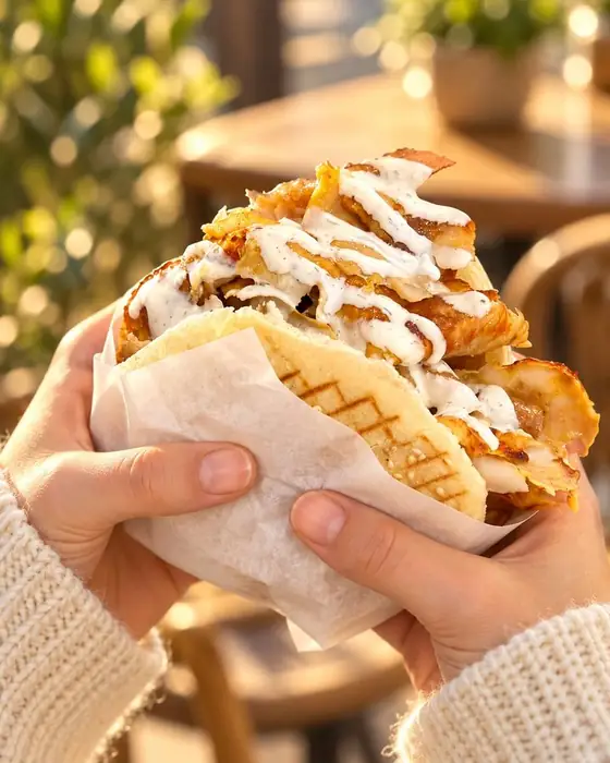 Kebab tenu à deux mains en terrasse