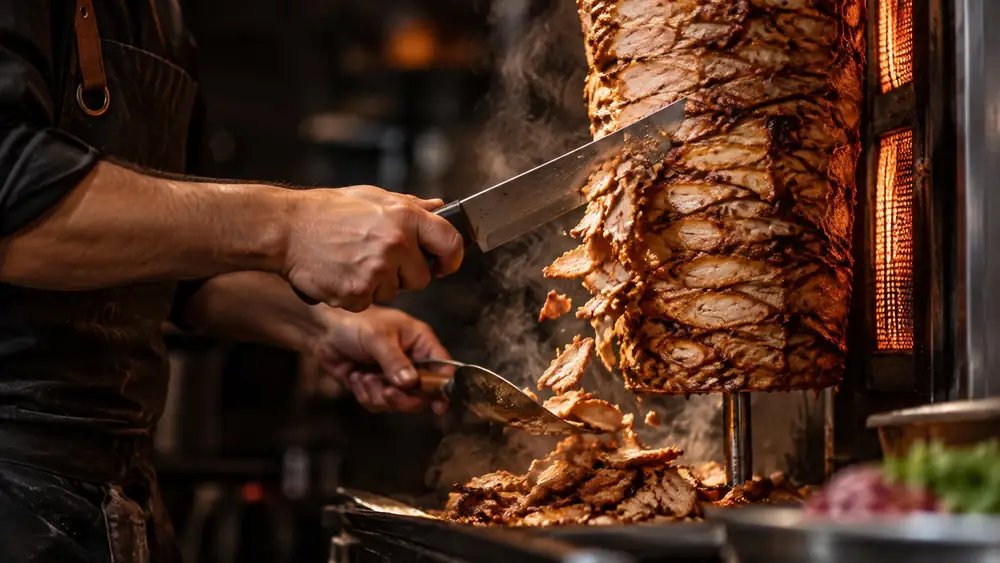 Le cuisinier découpe la viande de la broche au couteau