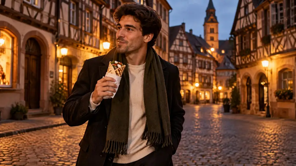 Un client marche sur la place, kebab à la main, au crépuscule