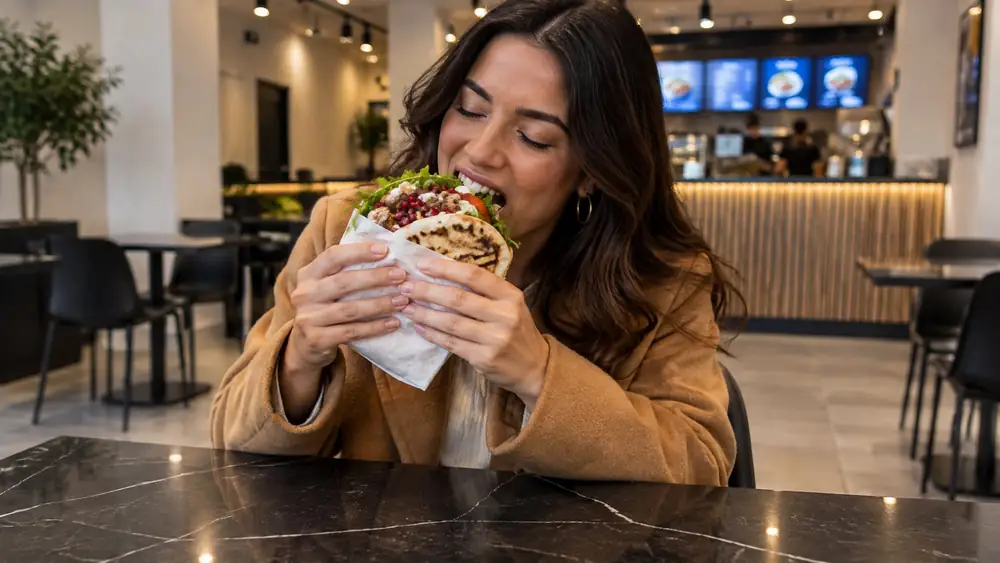 Une cliente croque dans un kebab