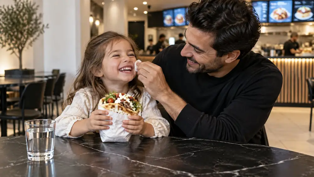 Père et fille qui rient à table